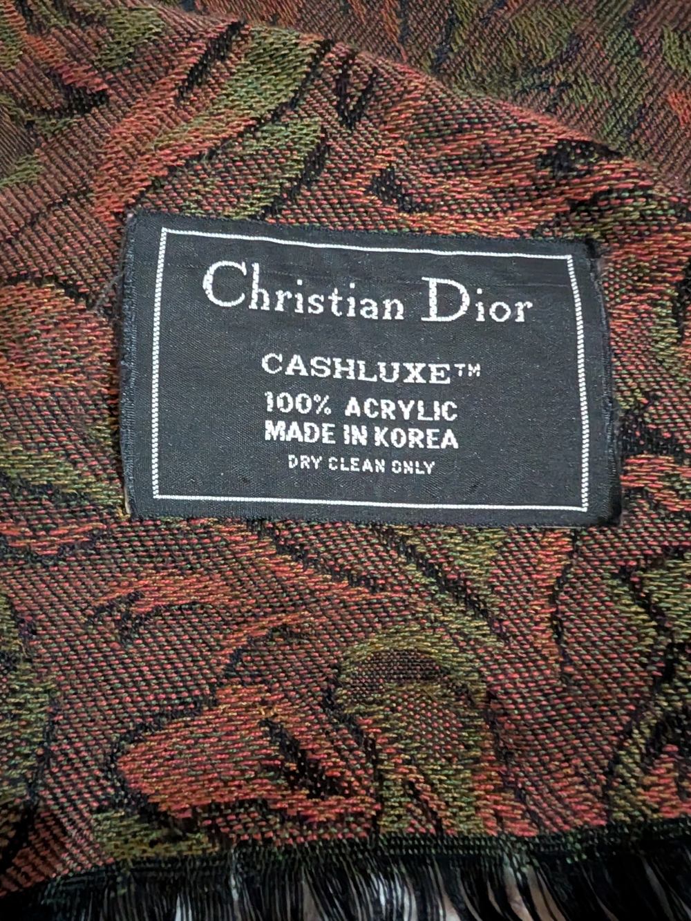 Christian Dior Multicolor Jacquard Fringe Scarf - Red, Green, Black